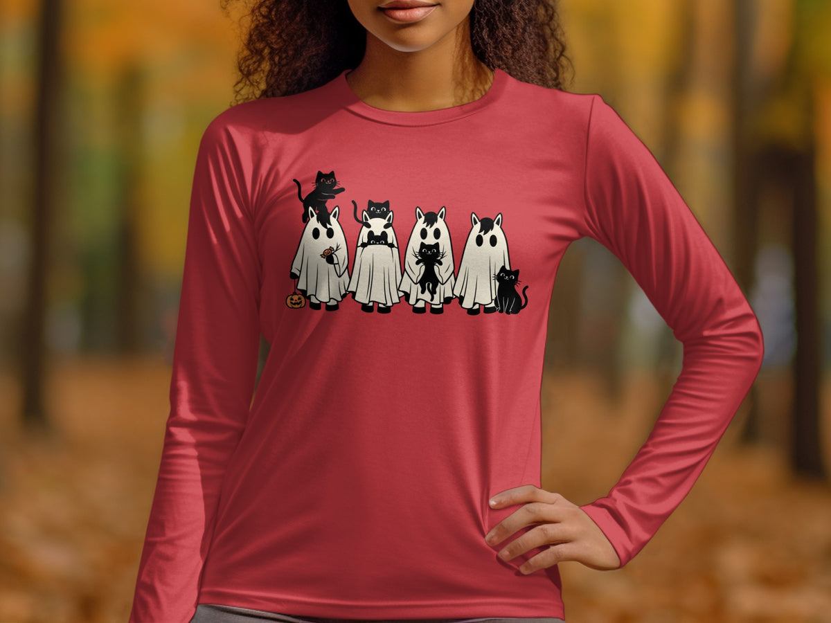 Red long-sleeve shirt with a Halloween ghost and black cat graphic.