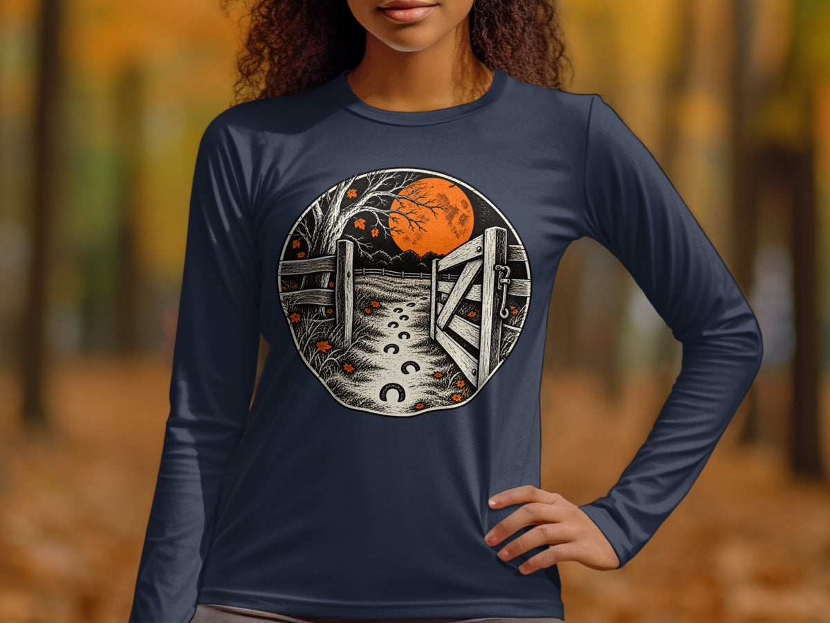Circular design of a farm gate, moon, tree, and horseshoe prints.