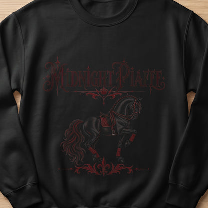 Black sweatshirt with red "Midnight Piaffe" text and a black horse.