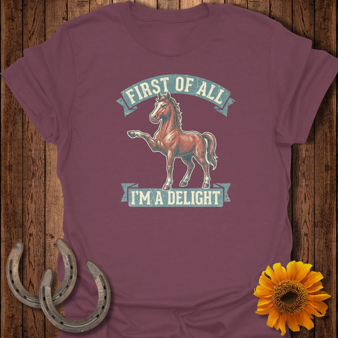 Burgundy t-shirt with a horse graphic and text "First of all, I'm a delight."