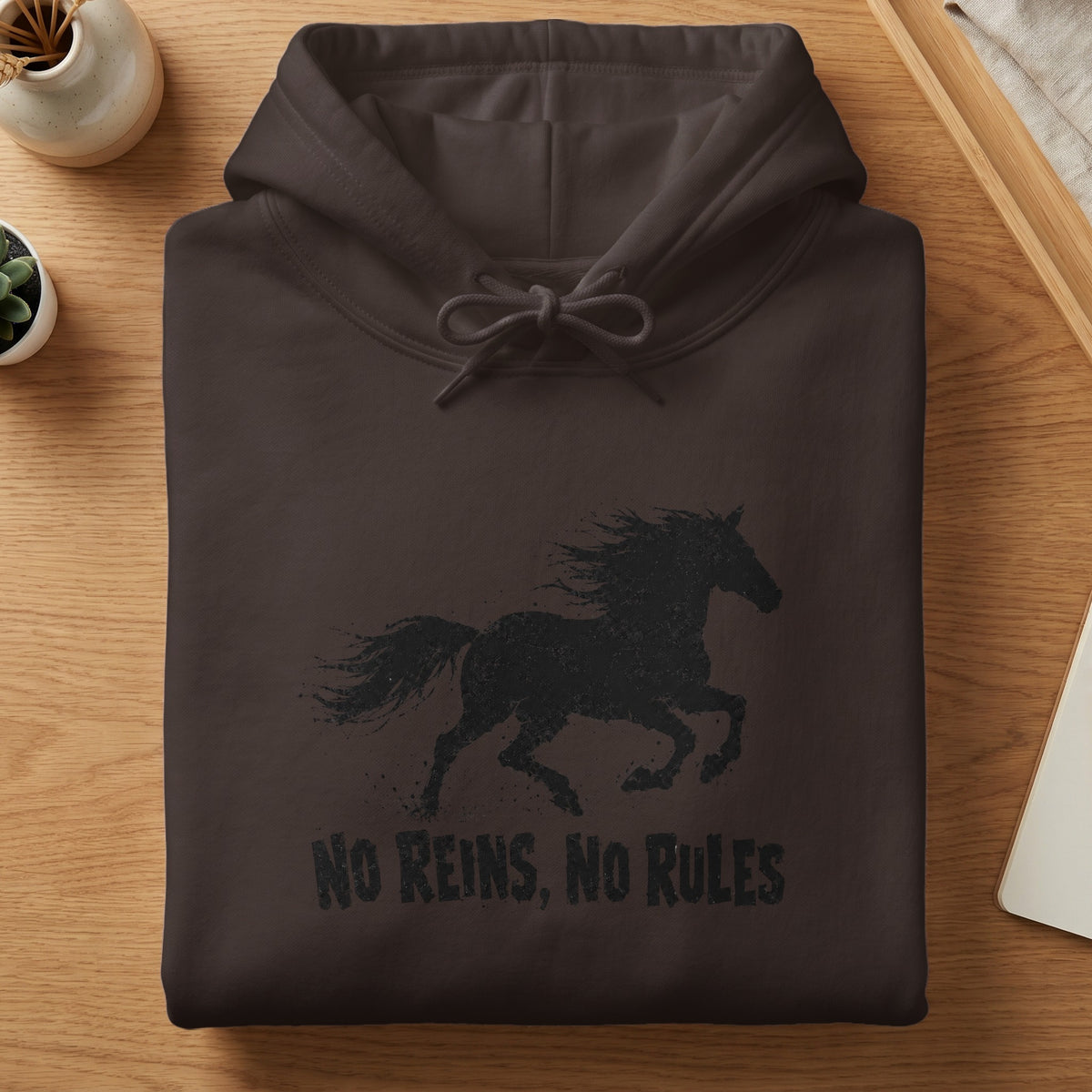 Dark brown hoodie with a distressed black silhouette of a running horse and text.