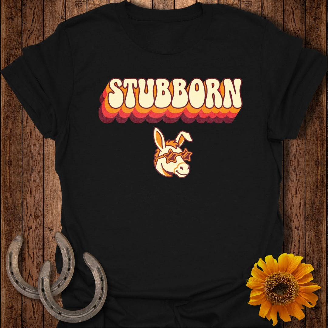 Black t-shirt with "STUBBORN" text and a donkey wearing sunglasses.