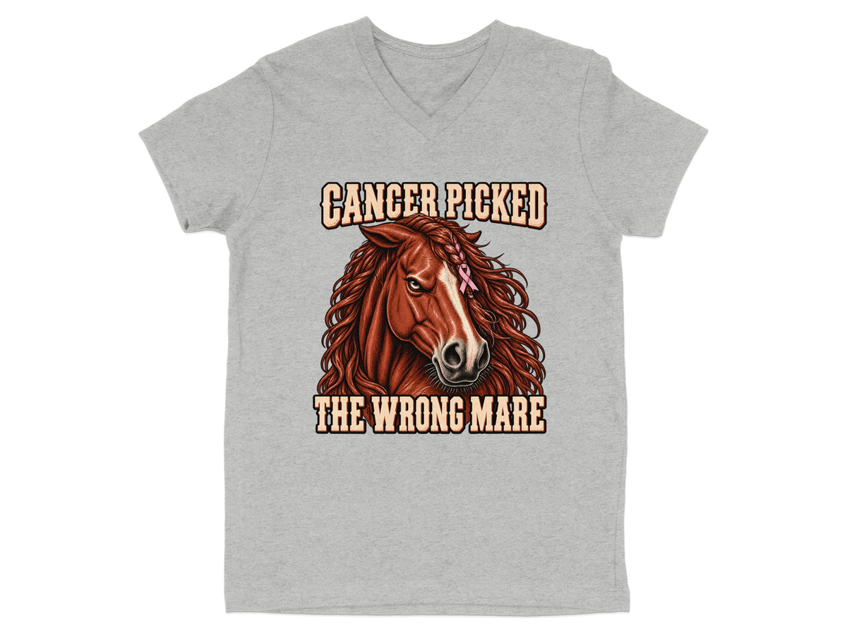 Brown horse head with a pink ribbon and text "Cancer picked the wrong mare".