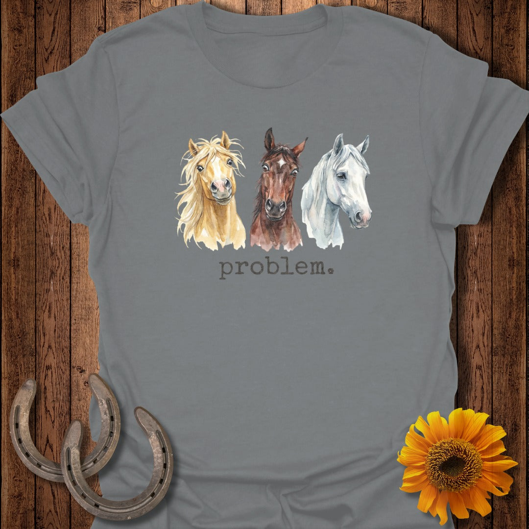 Three watercolor horses with the text "problem." below them.