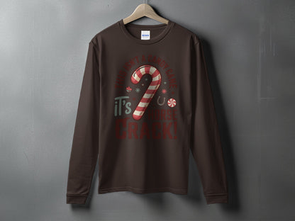 Brown long-sleeve shirt with candy cane graphic and "This Isn't a Candy Cane, It's Horse Crack!" text.