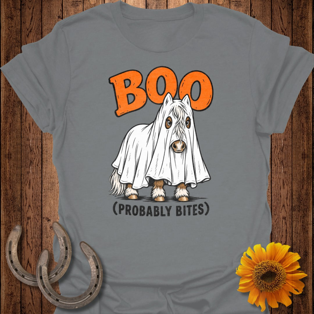 Horse in ghost costume with text "Boo (Probably Bites)"