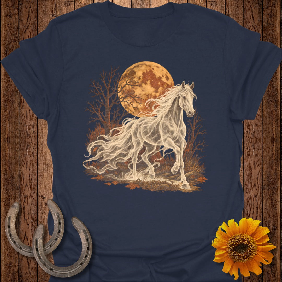 Ghostly white horse running before an autumnal moon with bare trees.