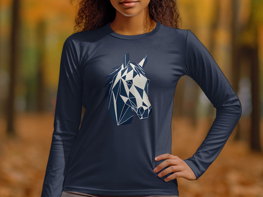 Dark blue long-sleeve shirt with geometric horse head graphic.