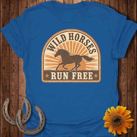 Blue t-shirt with "Wild Horses Run Free" graphic featuring a running horse.