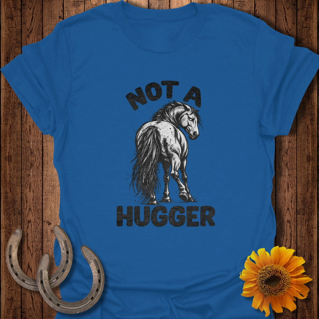 Royal blue t-shirt with a sketch of a horse and the text Not A Hugger.
