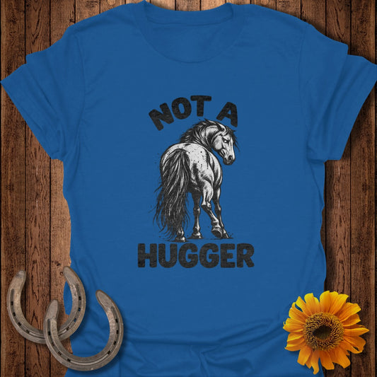 Royal blue t-shirt with a sketch of a horse and the text Not A Hugger.
