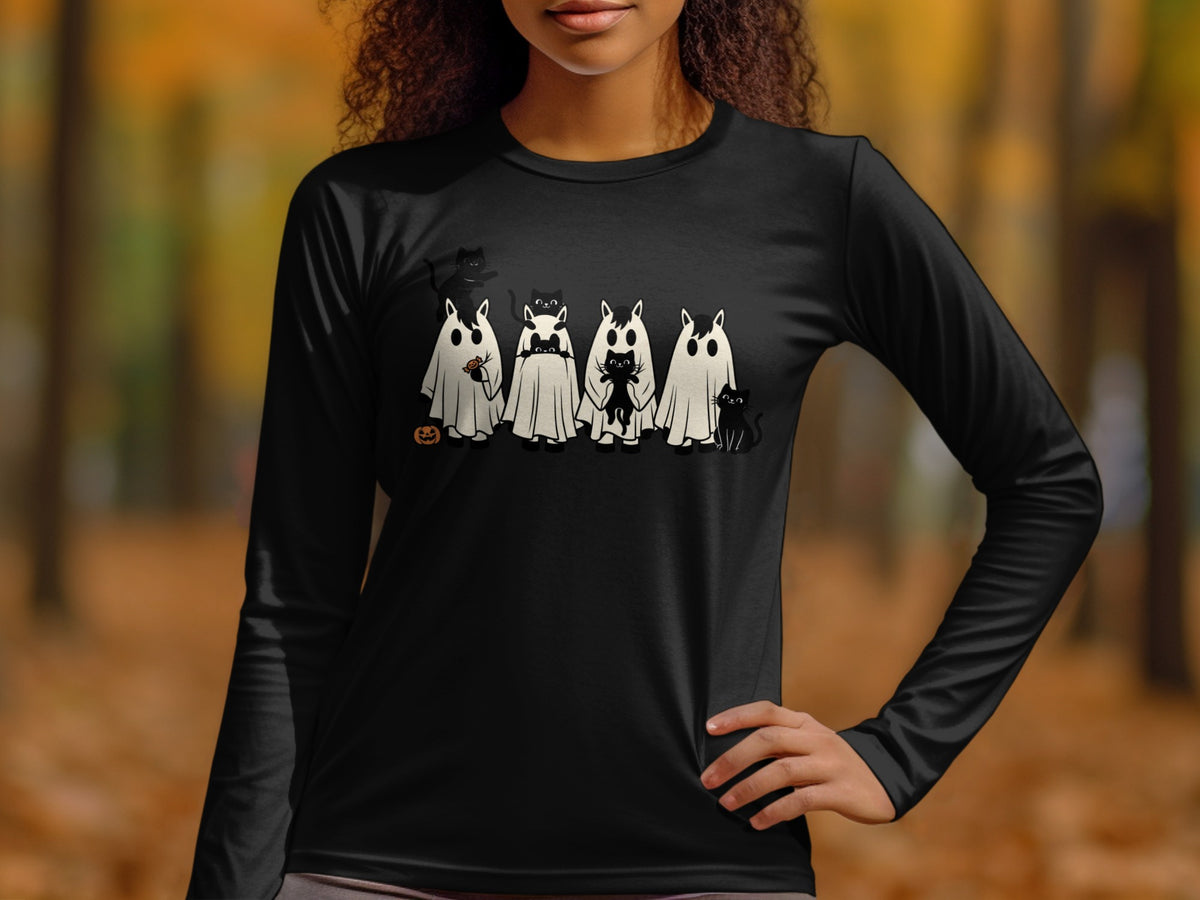 Black long-sleeve shirt with ghosts, black cats, and a pumpkin graphic.