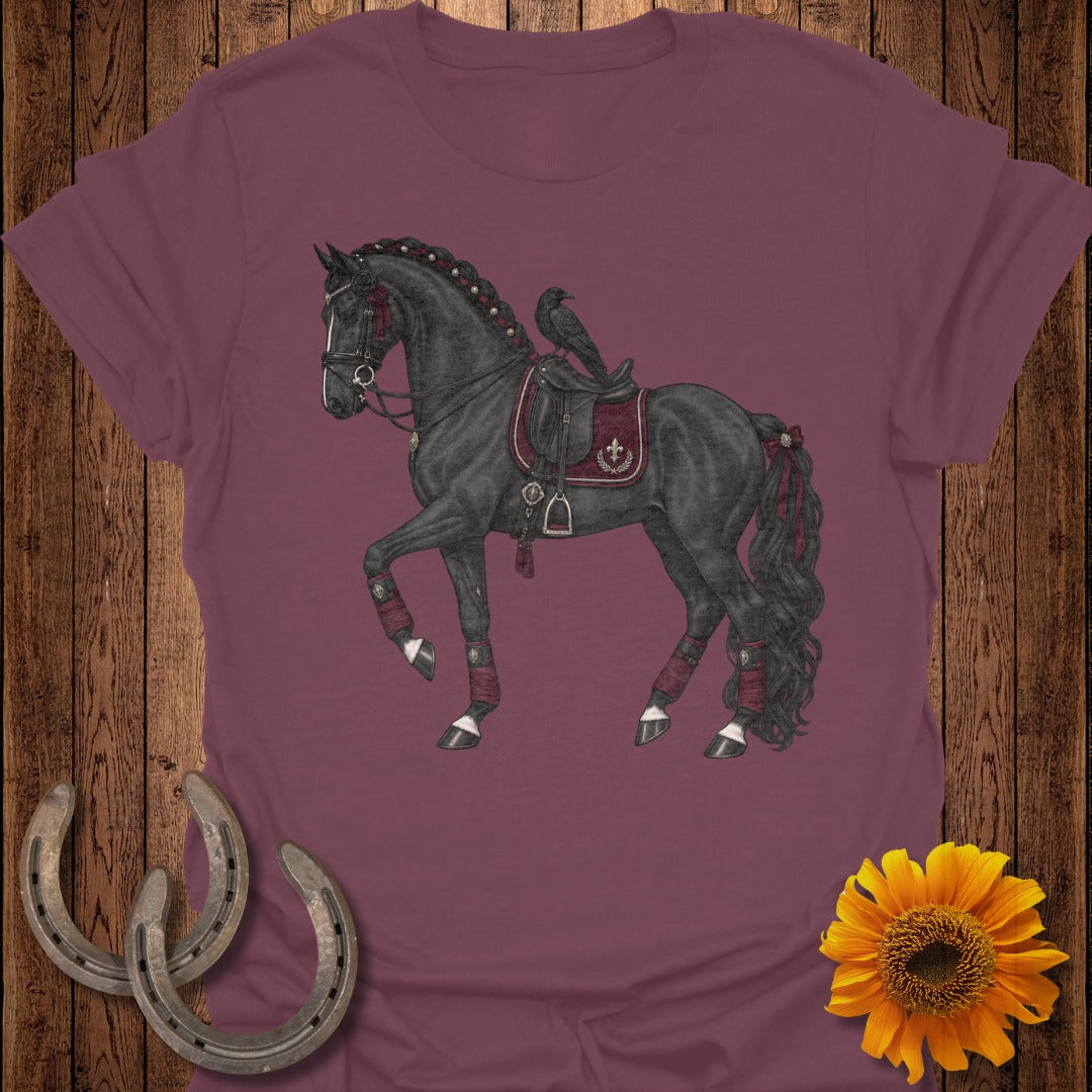 Black horse with a raven on its back and ornate saddle.
