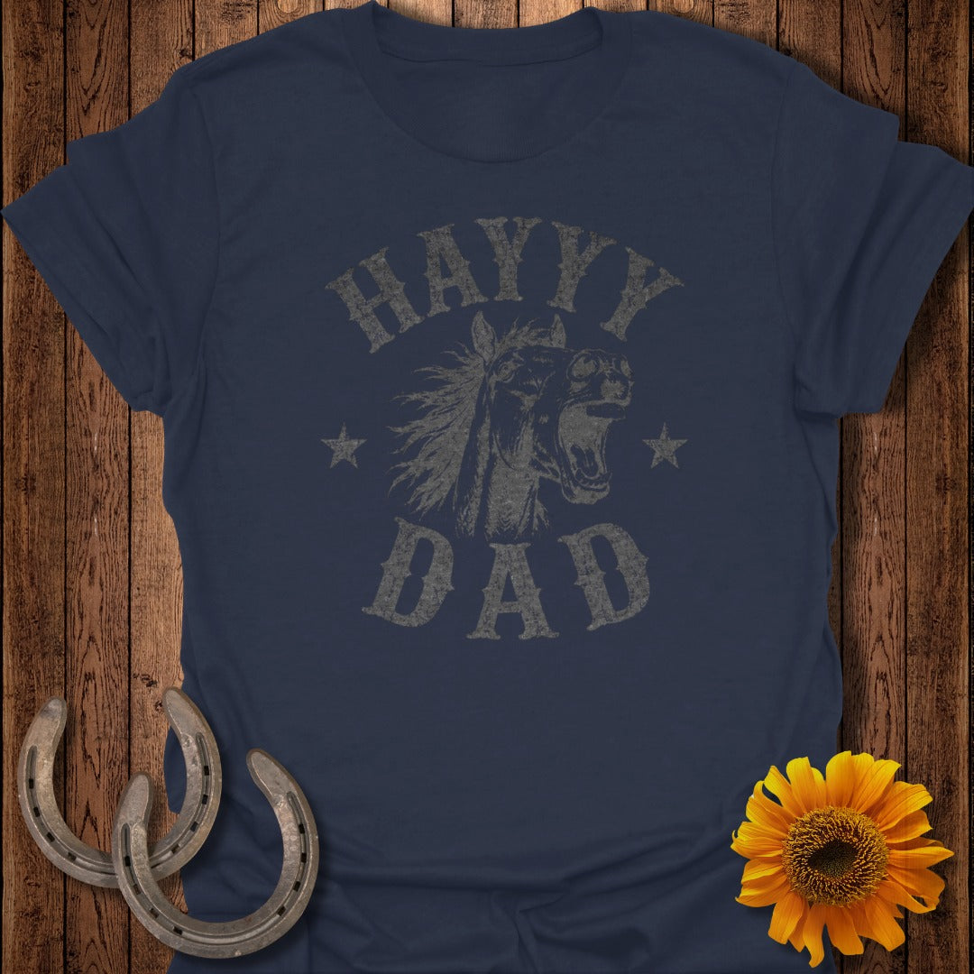 Navy t-shirt with distressed graphic of a horse head and "HAYYY DAD" text.