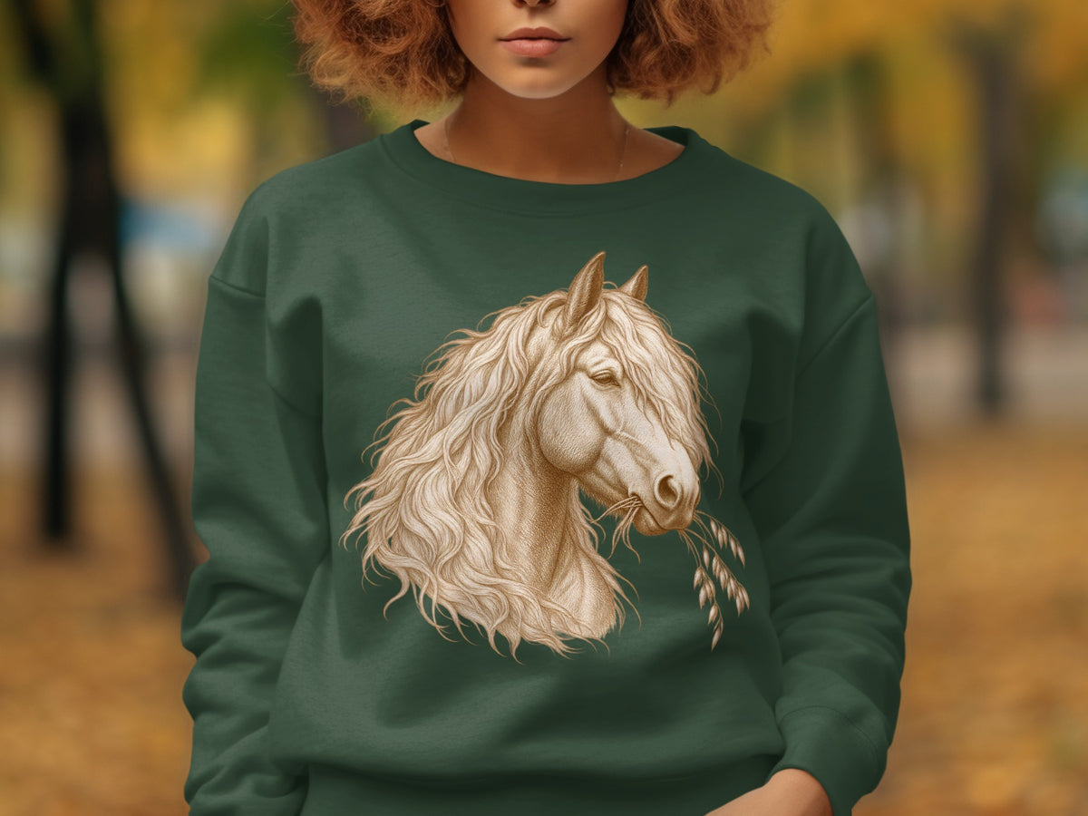 Green sweatshirt with illustration of a horse's head eating oats.
