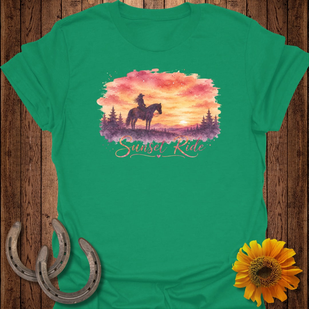 Green t-shirt with watercolor sunset horse rider graphic and "Sunset Ride" text.