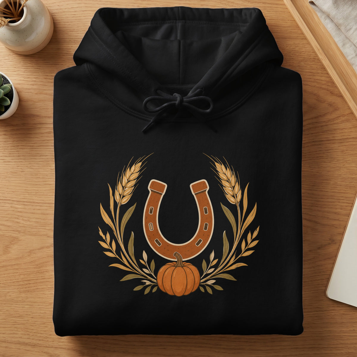 Black hoodie with a horseshoe, wheat stalks, and pumpkin graphic.