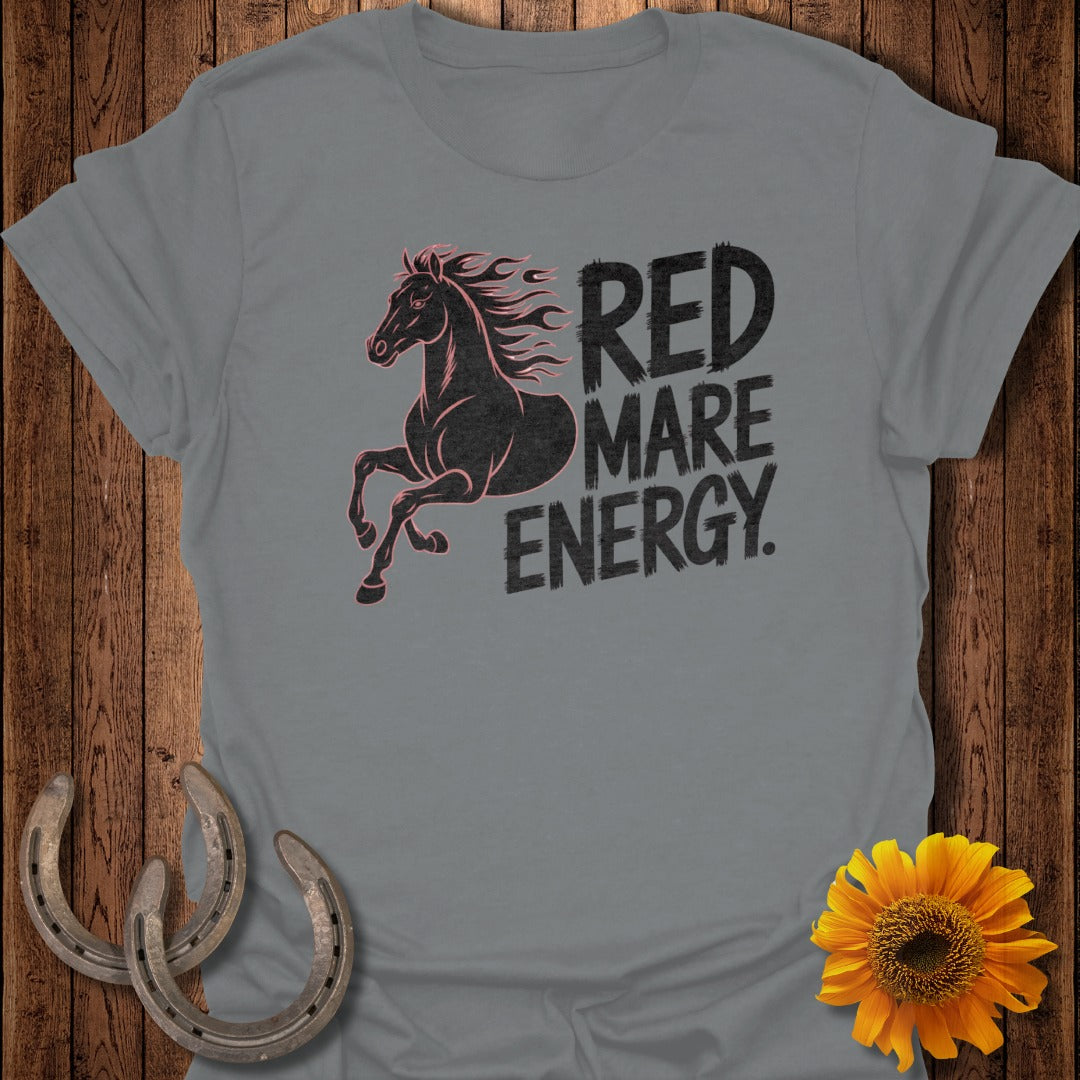 Grey t-shirt with black horse and "RED MARE ENERGY" text.