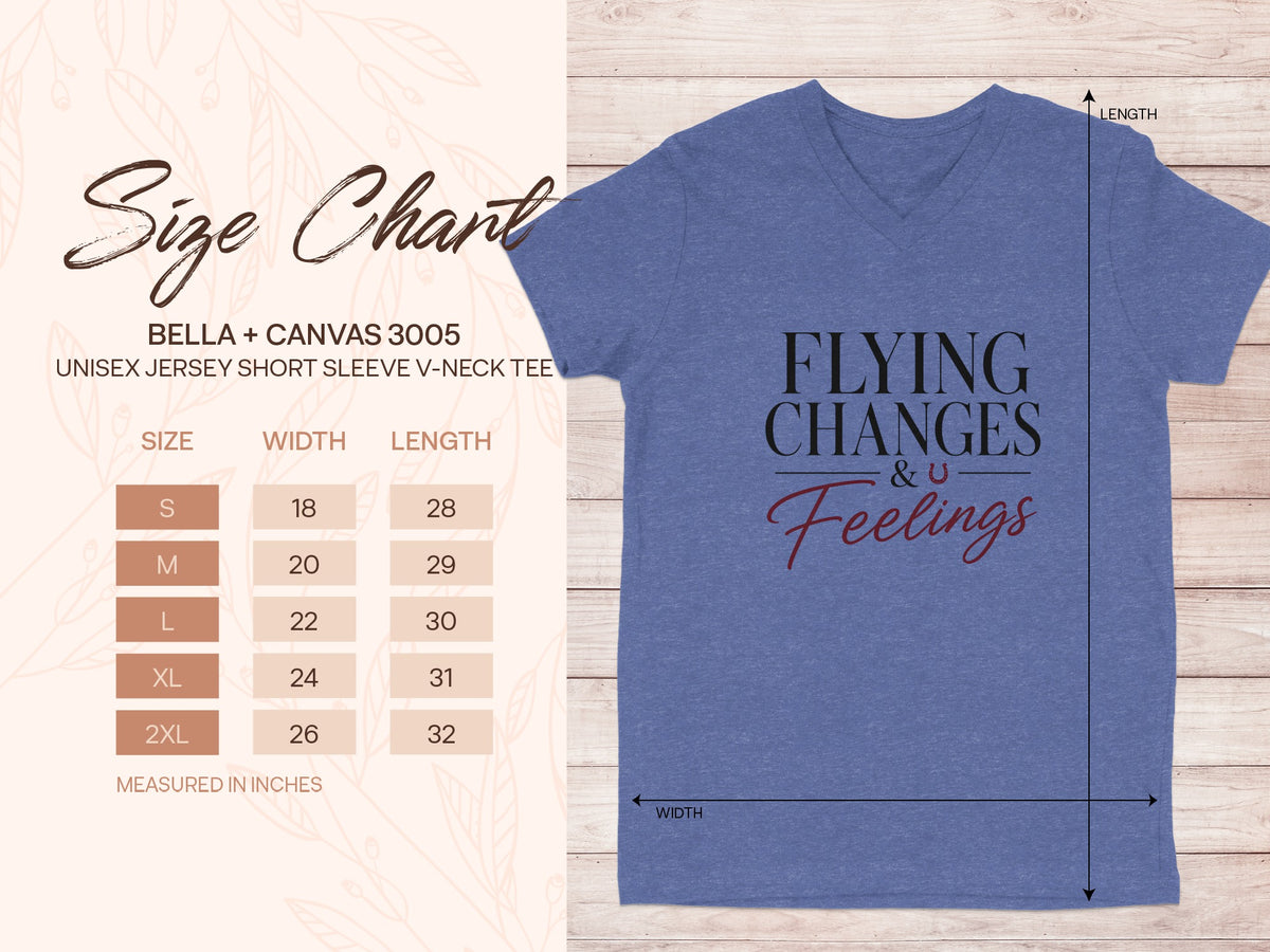 Bella + Canvas 3005 unisex v-neck tee size chart with width and length measurements.