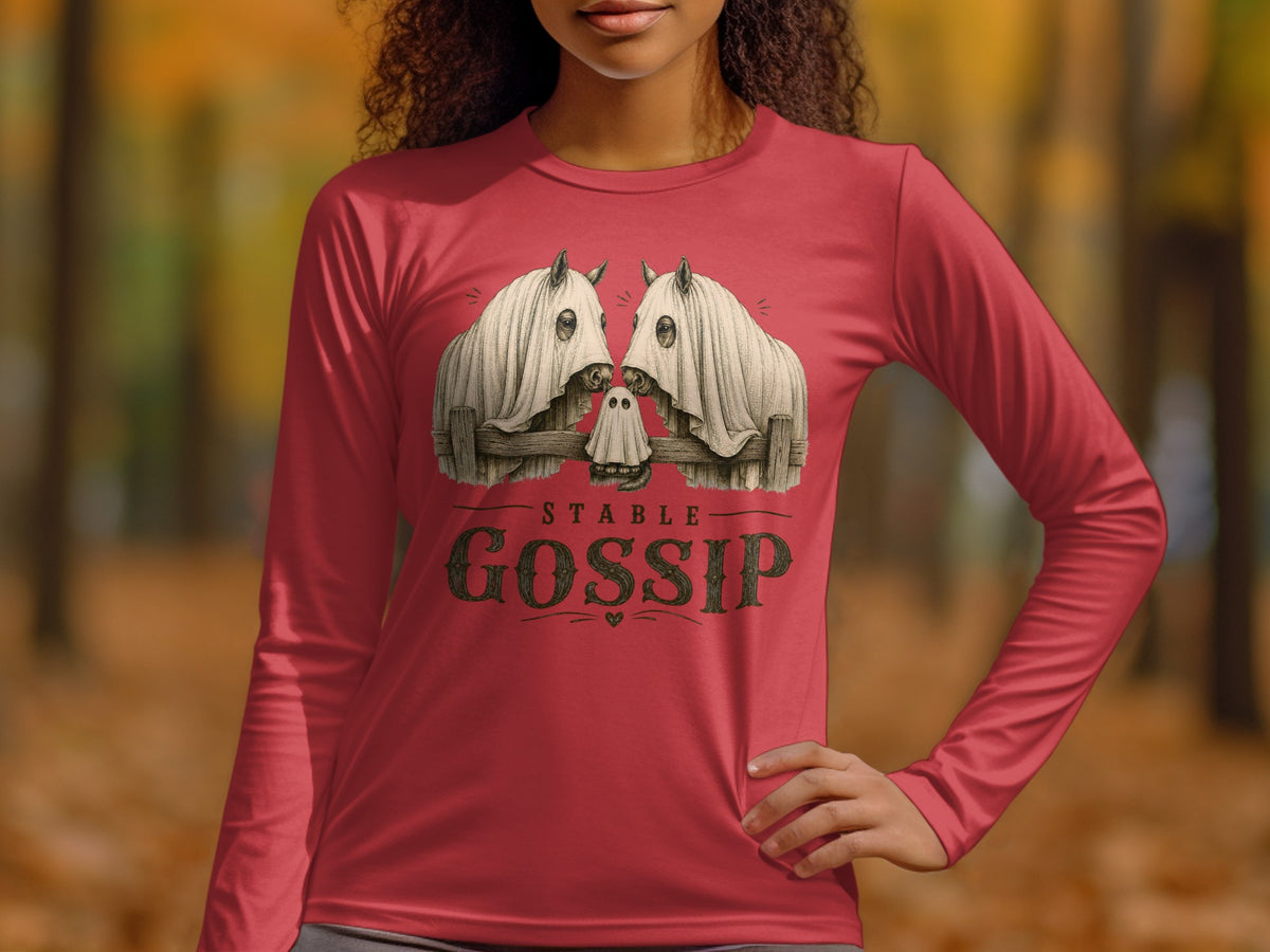 Two horses in ghost costumes and a small ghost with "Stable Gossip" text.
