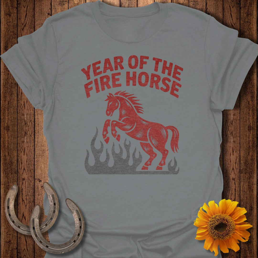 Grey t-shirt with red graphic of a horse and flames, and Chinese zodiac text.