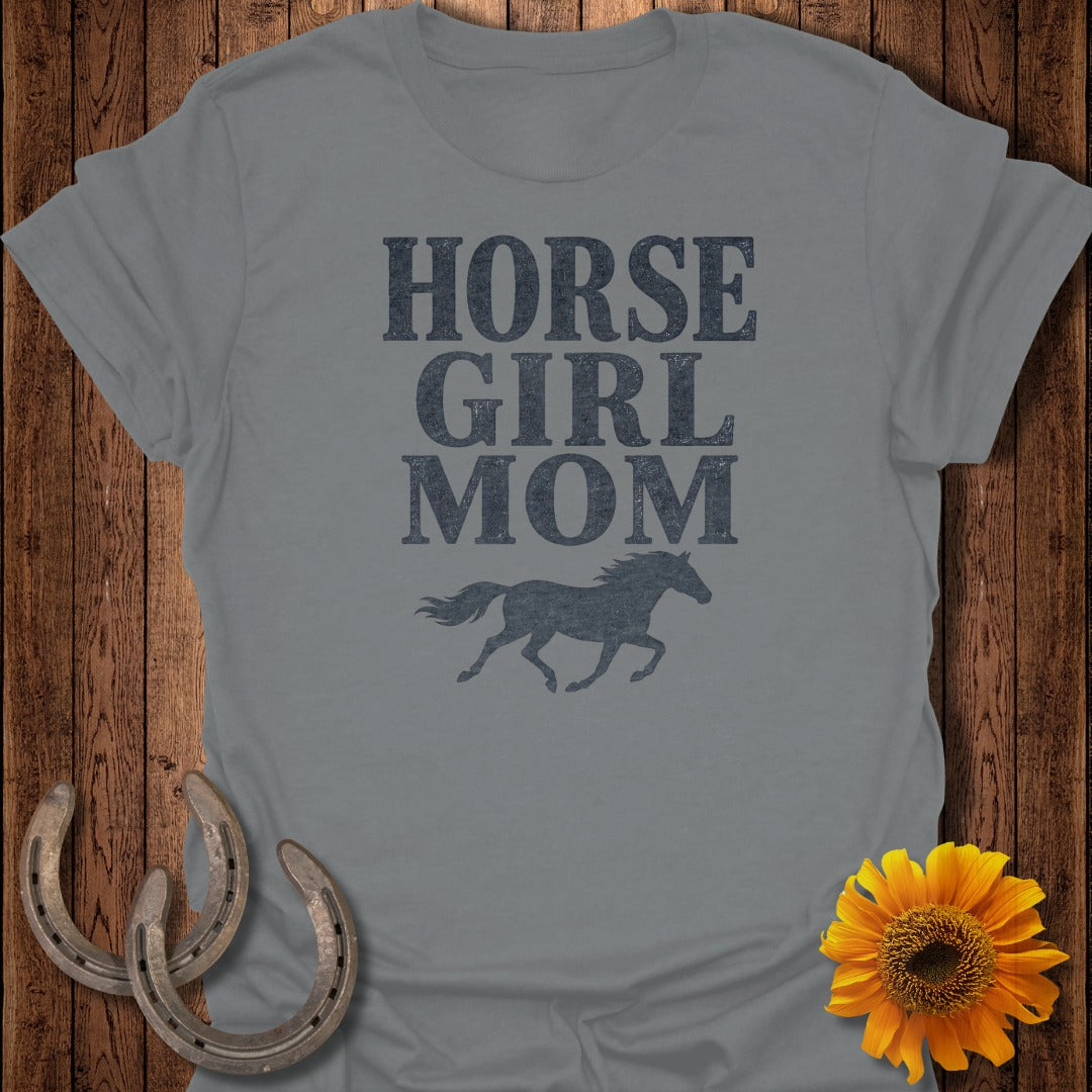 Gray t-shirt with "Horse Girl Mom" text and a running horse graphic.