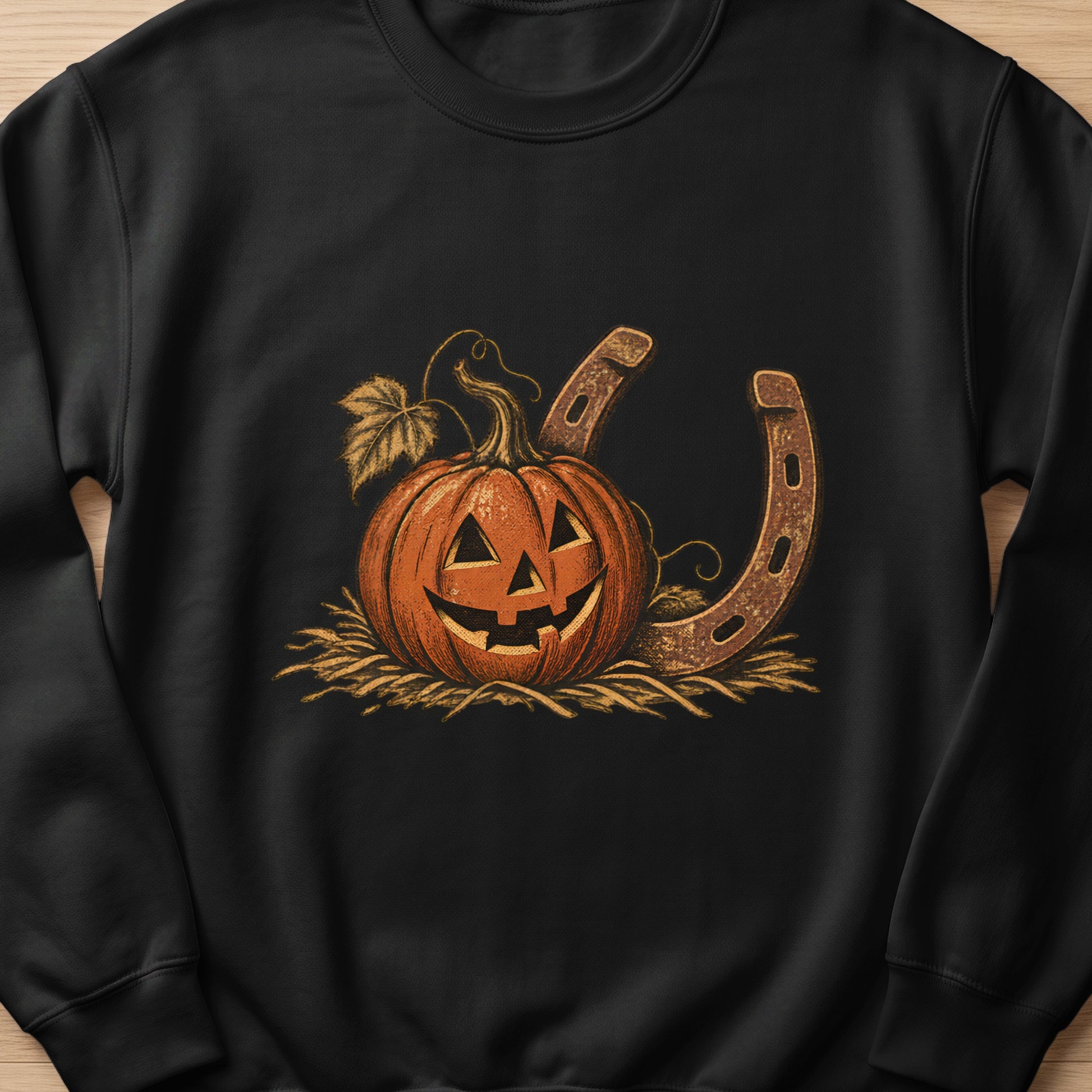 Halloween pumpkin with a horseshoe and autumn leaves on a black sweatshirt.