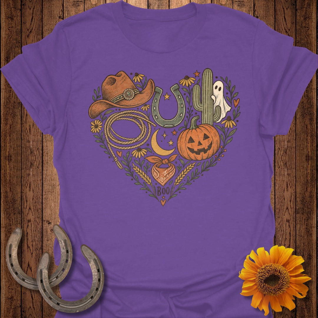 Purple t-shirt with heart-shaped Western and Halloween graphic.
