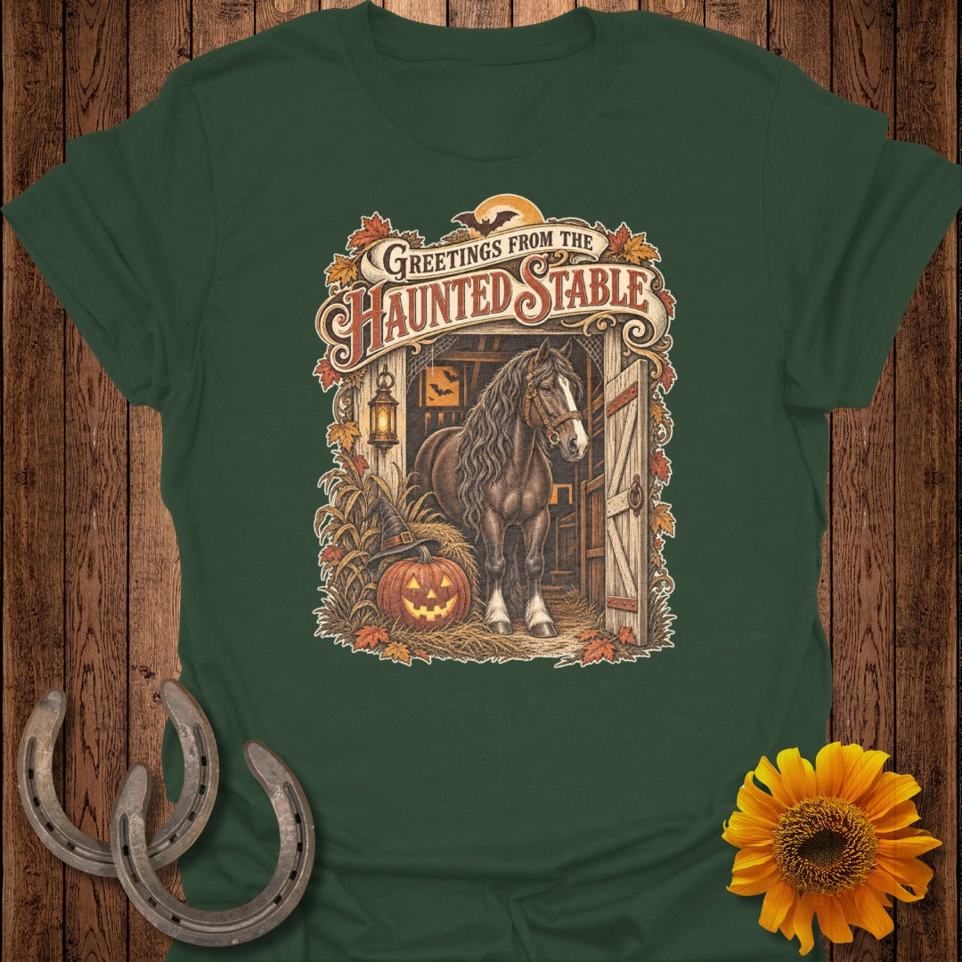 Horse in barn with pumpkin, hat, and "Greetings from the Haunted Stable" text.