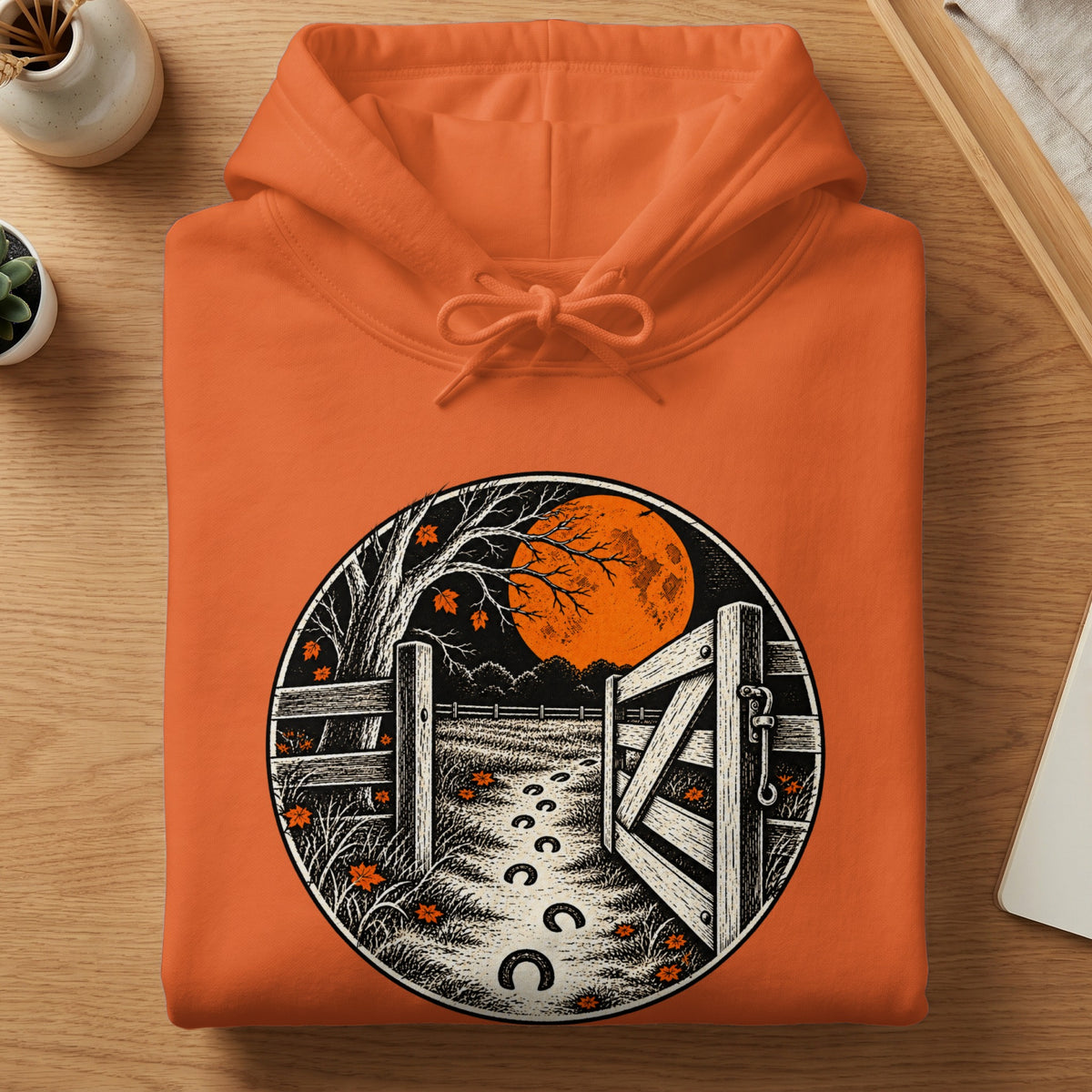 Orange hoodie with circular graphic of a gate, moon, and horseshoe prints.