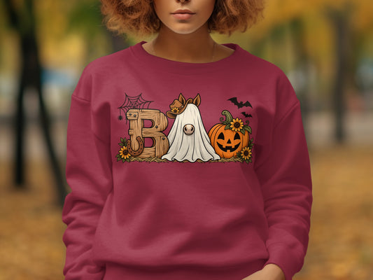 "B" letter, ghost horse, and pumpkin with bats and sunflowers.