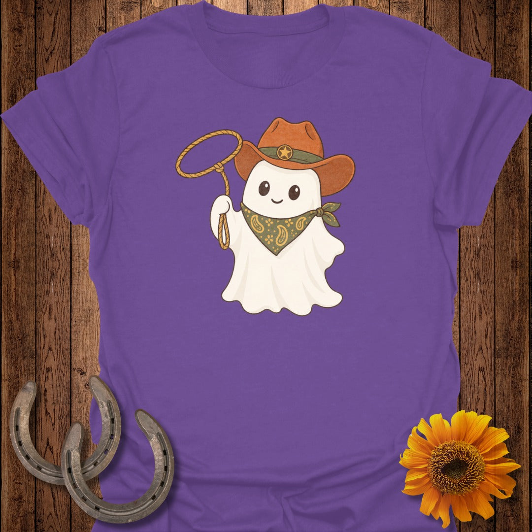 Ghost cowboy with lasso and bandana on purple t-shirt.