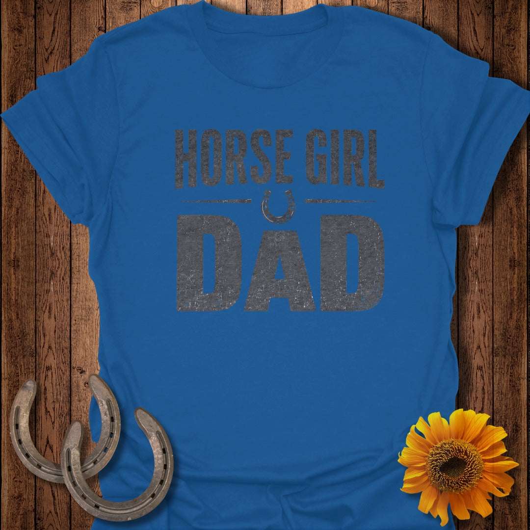 Blue t-shirt with "HORSE GIRL DAD" text and a horseshoe graphic.