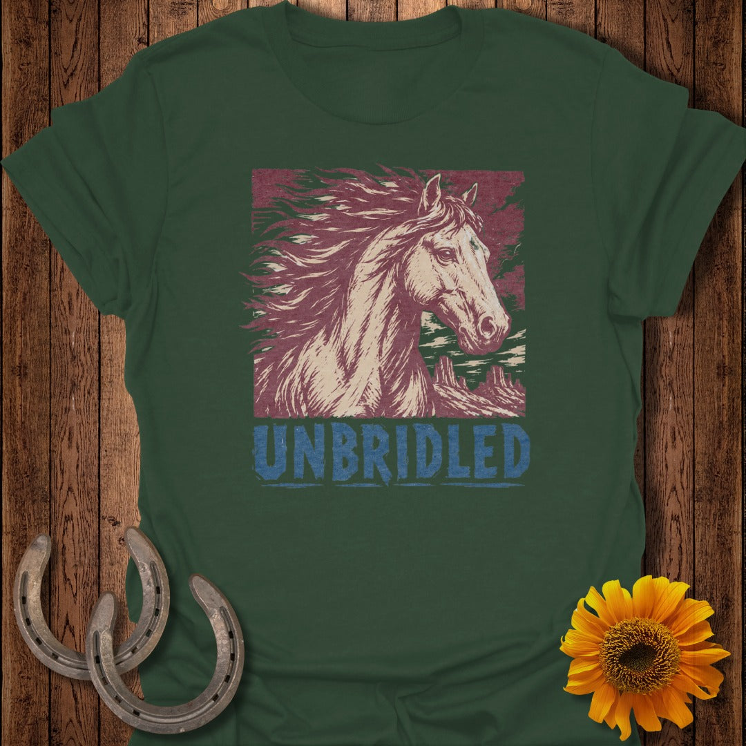 Green t-shirt with a distressed graphic of a horse and text "UNBRIDLED".