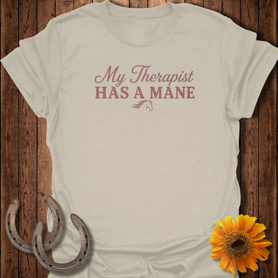 Light beige t-shirt with "My Therapist HAS A MANE" and a horse graphic.