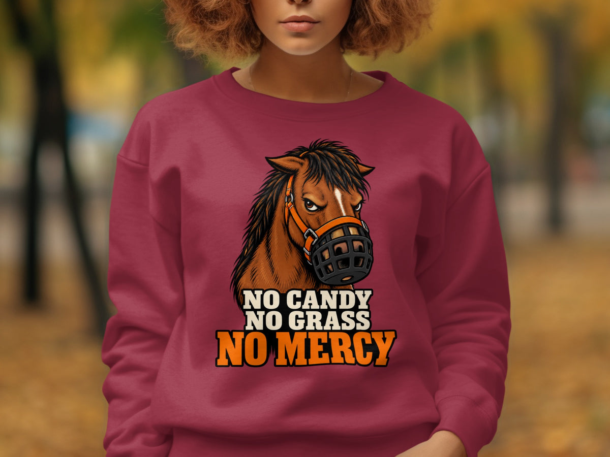 Maroon sweatshirt with horse graphic and text "NO CANDY NO GRASS NO MERCY".