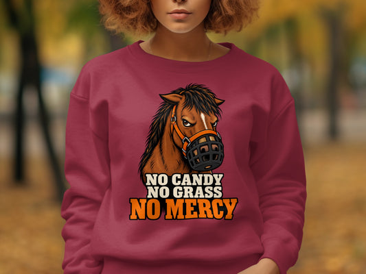 Maroon sweatshirt with horse graphic and text "NO CANDY NO GRASS NO MERCY".