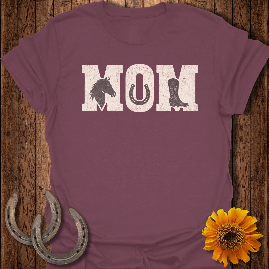 Maroon t-shirt with "MOM" text, horse head, and cowboy boot graphic.
