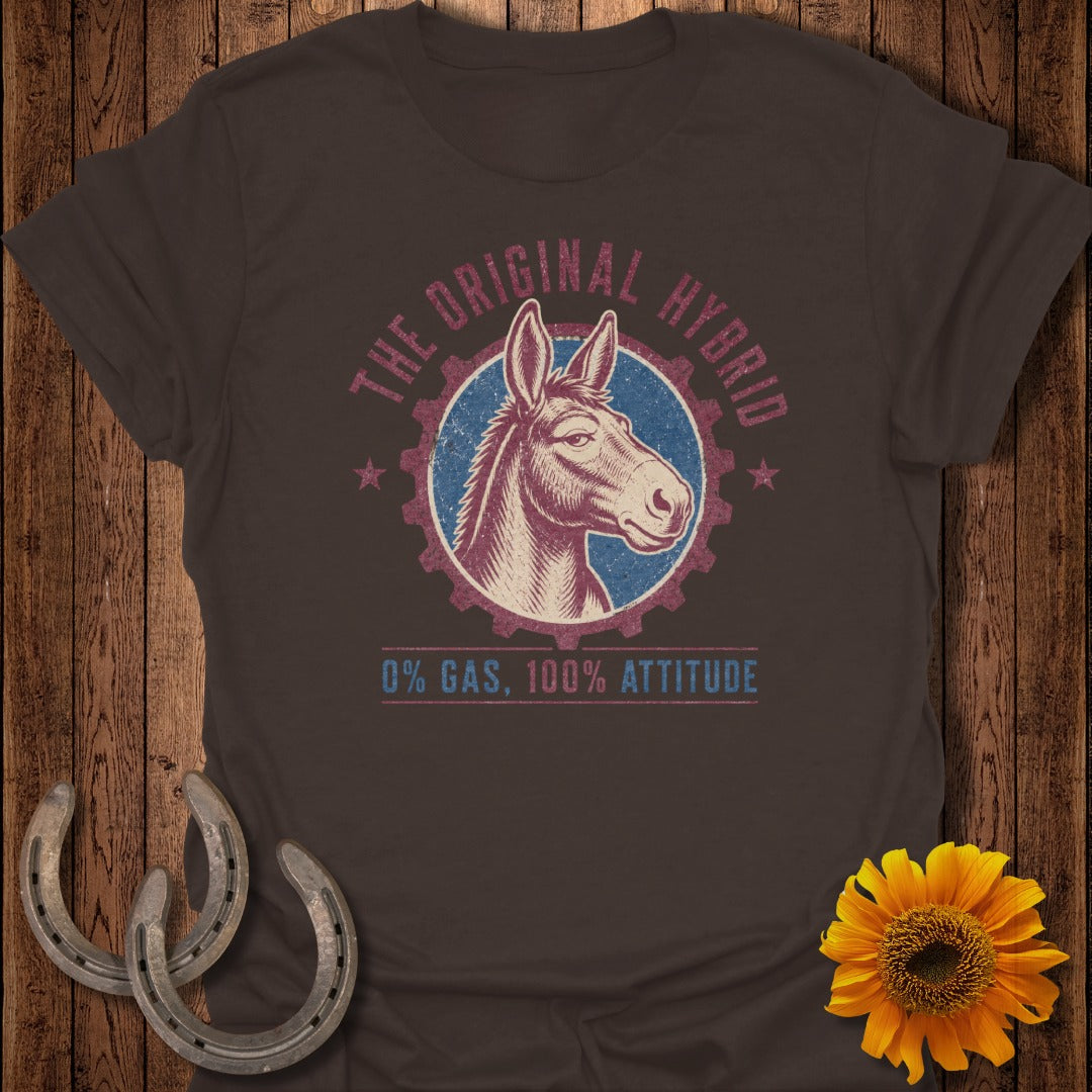 Brown t-shirt with original hybrid donkey graphic and text "0% Gas, 100% Attitude".