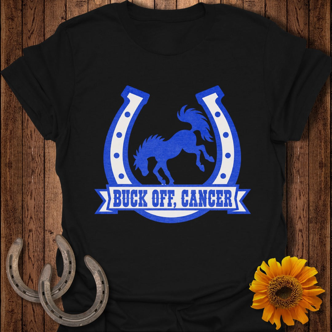 Black t-shirt with blue horseshoe design and "Buck Off, Cancer" text.
