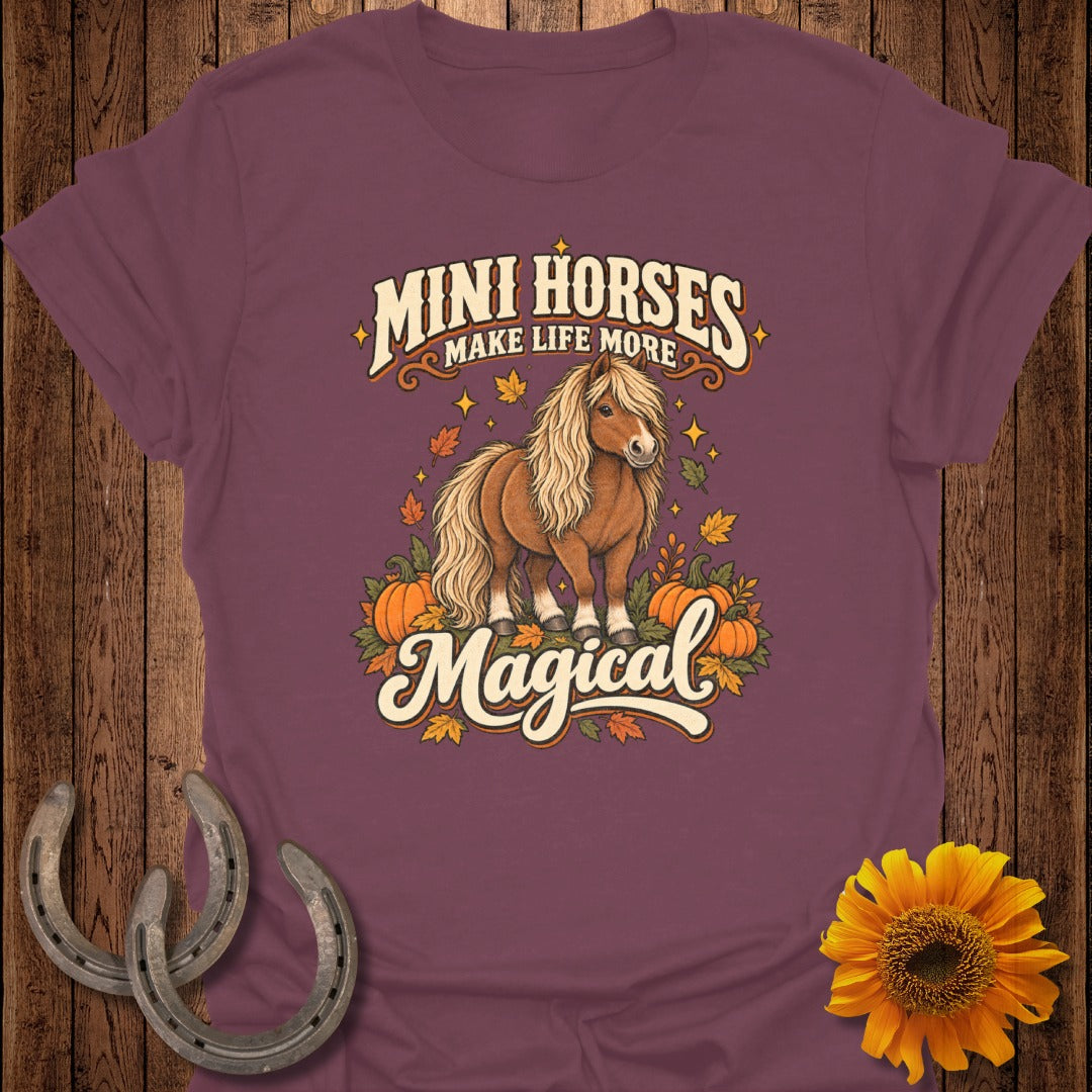 Mini horses make life more magical graphic with a horse, pumpkins, and autumn leaves.