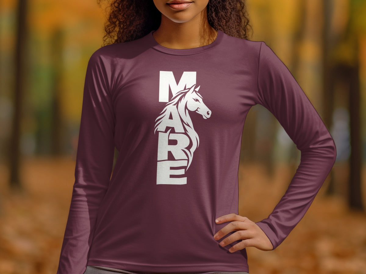 A person wearing a maroon long-sleeve shirt with white lettering spelling MARE incorporating a horse's head.