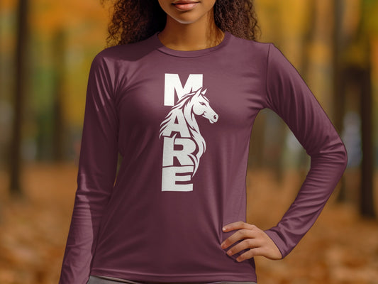 A person wearing a maroon long-sleeve shirt with white lettering spelling MARE incorporating a horse's head.