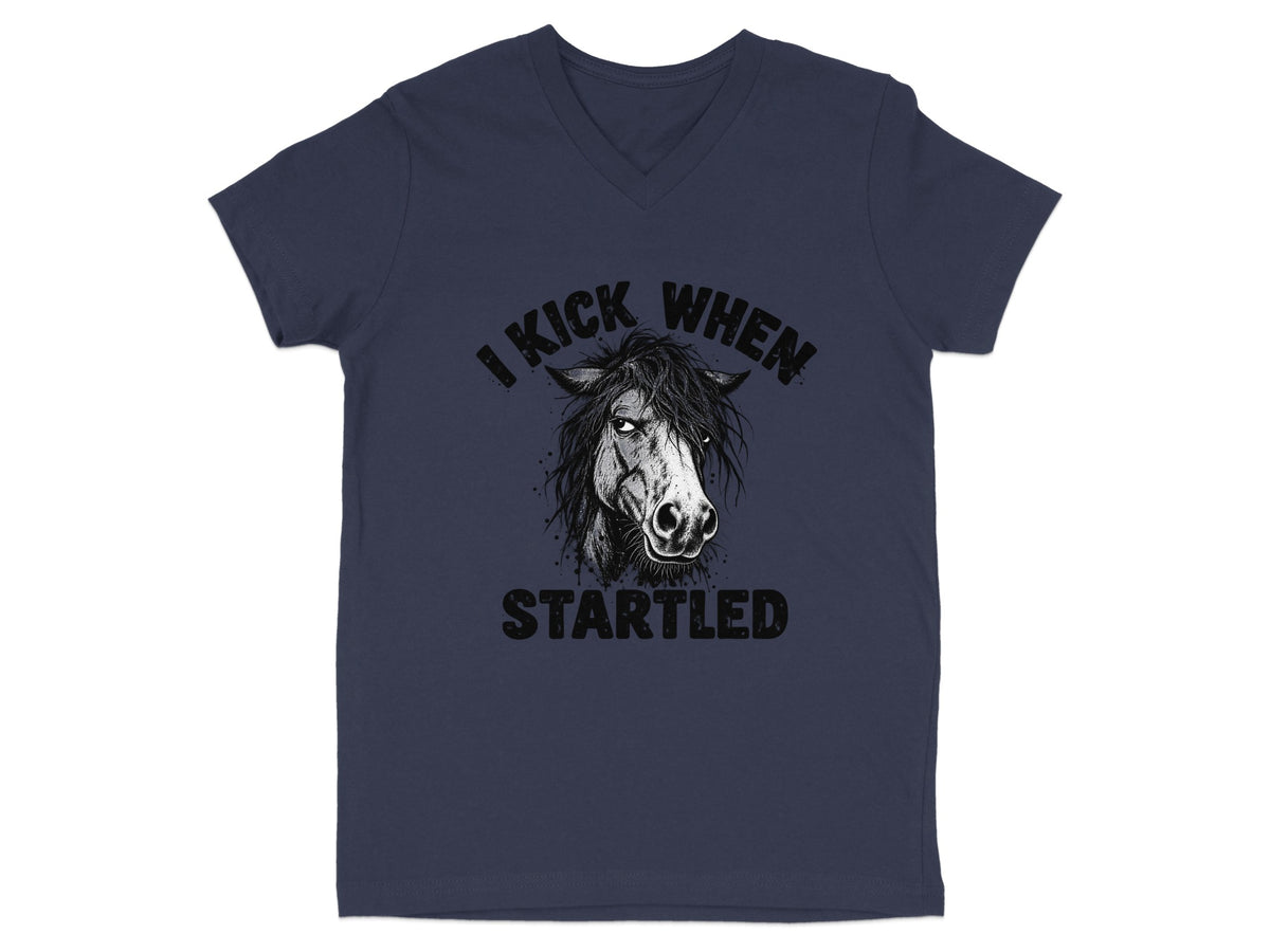 Navy t-shirt with distressed horse graphic and text "I KICK WHEN STARTLED".