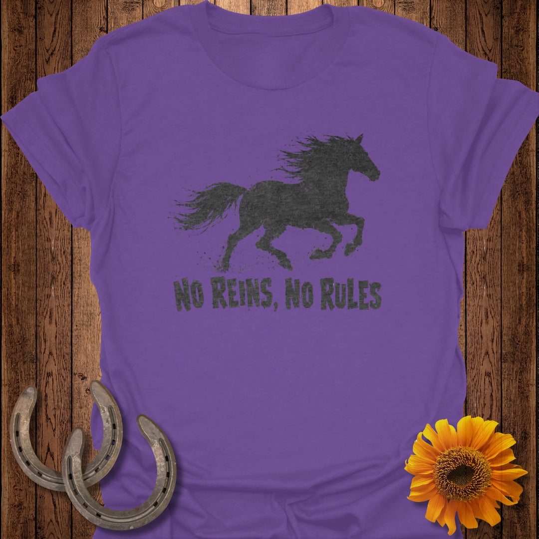Purple t-shirt with a distressed black horse silhouette and text "NO REINS, NO RULES".