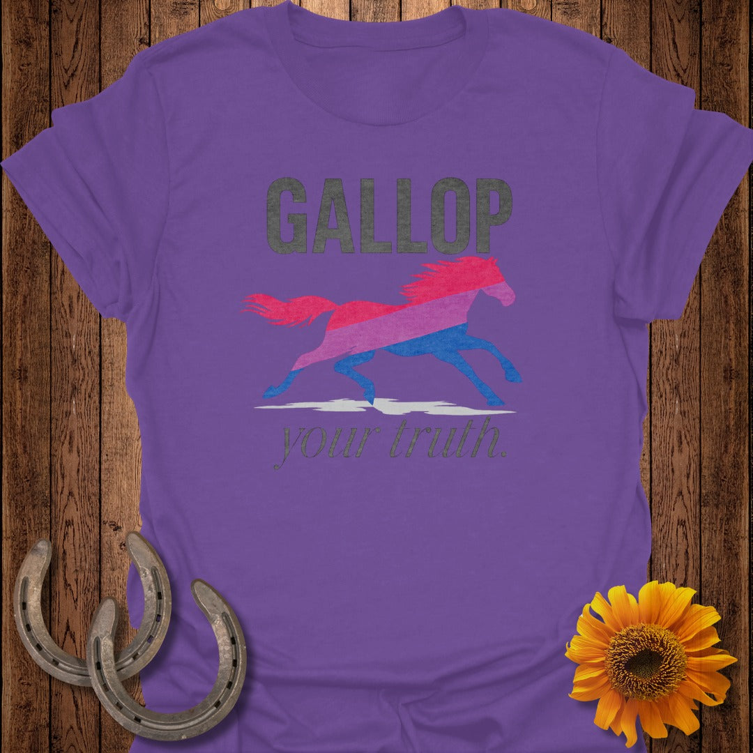 Purple t-shirt with "GALLOP your truth" and a running horse graphic.