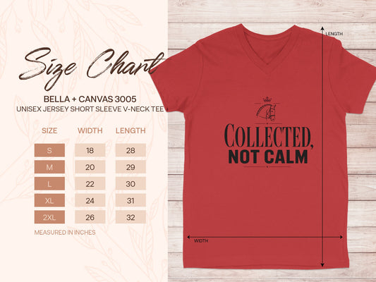 Red Bella + Canvas 3005 v-neck tee with "Collected, Not Calm" and horse graphic. Includes size chart.