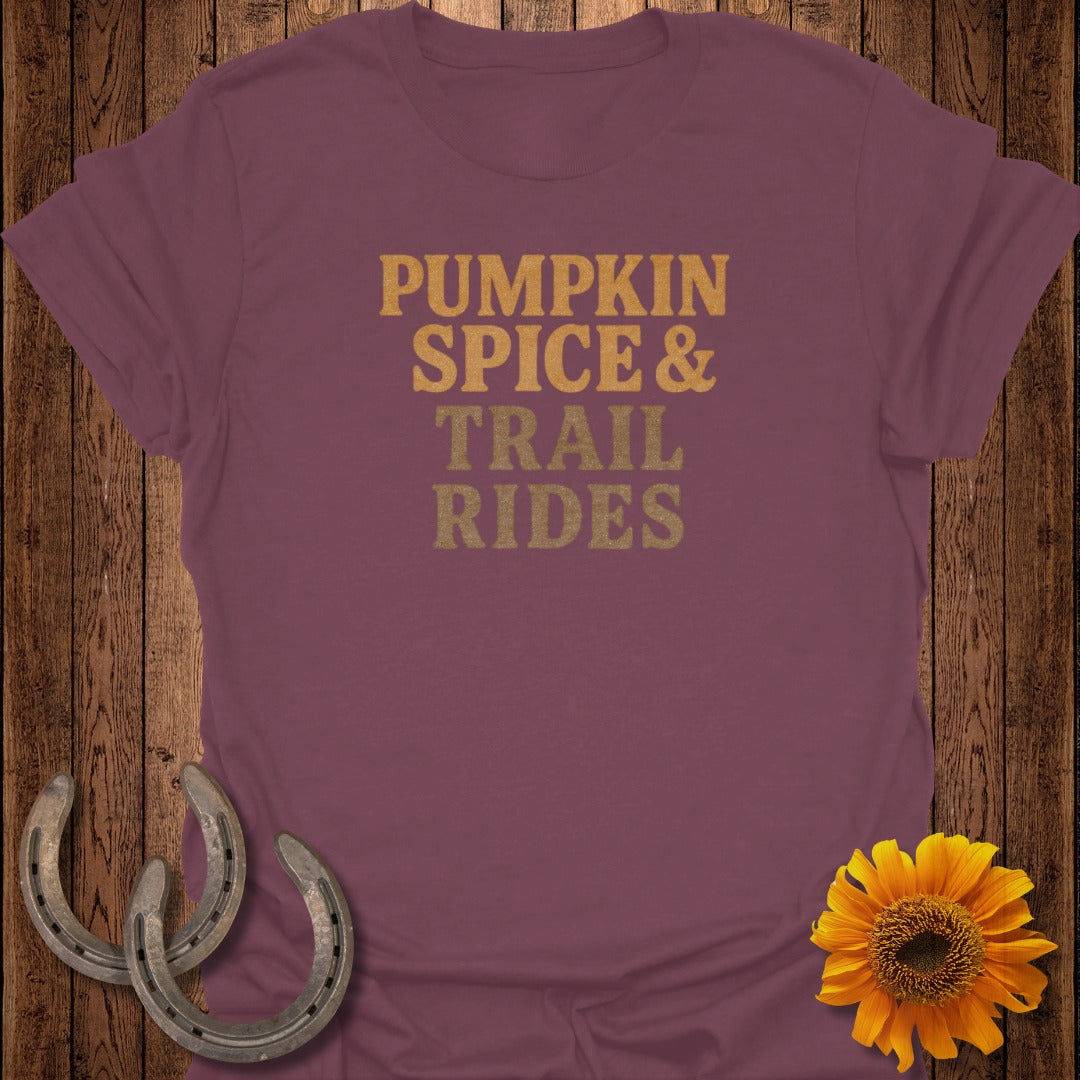 Maroon t-shirt with "Pumpkin Spice & Trail Rides" text, horseshoes, and sunflower.