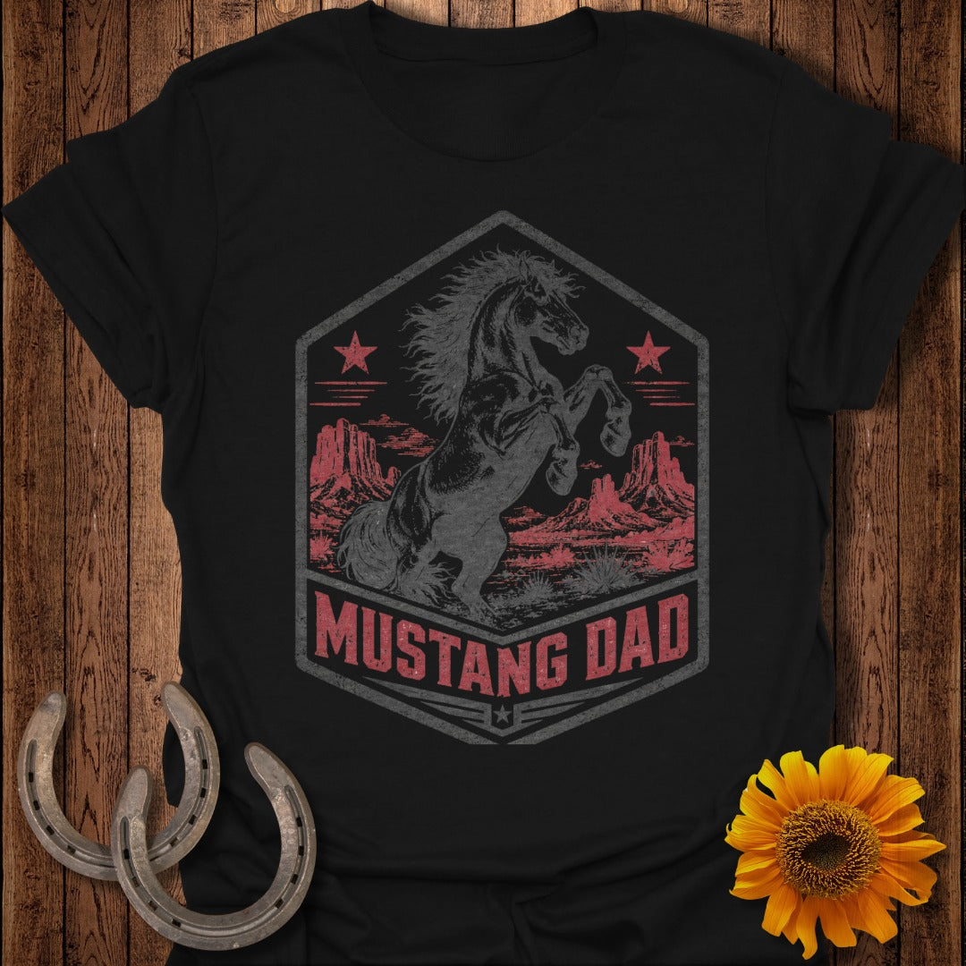 Black t-shirt with distressed "Mustang Dad" text and a rearing horse graphic.