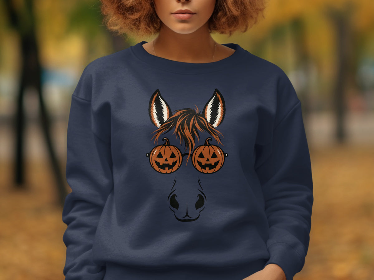 Navy sweatshirt with a graphic of a horse wearing pumpkin sunglasses.